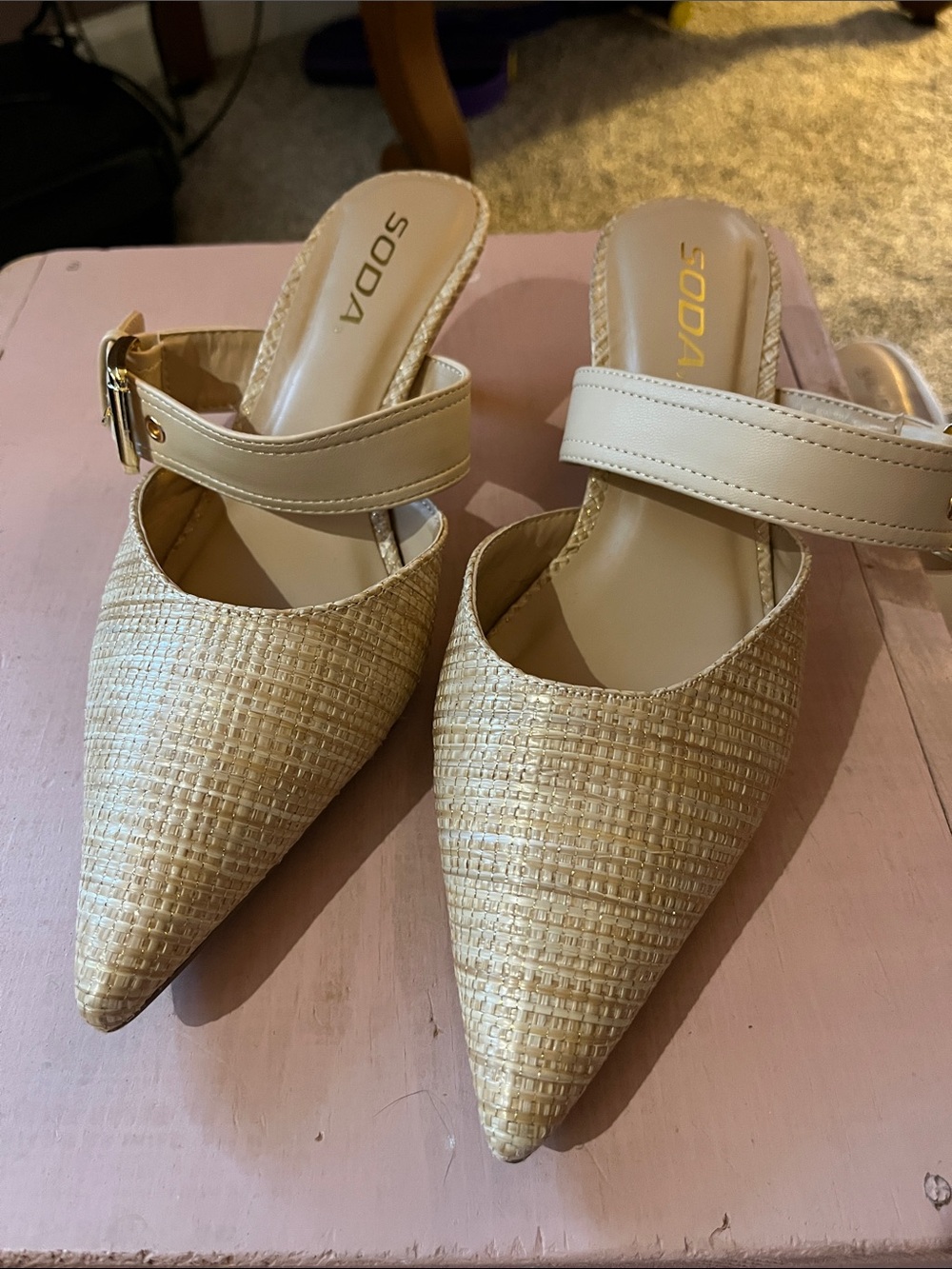 Tan Raffia look pointed toe kitten heel with gold buckle detail